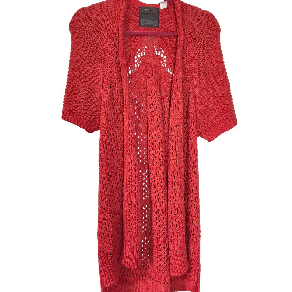 Guinevere Women's S Red Open Front Knit Cardigan Crochet Short Sleeve
